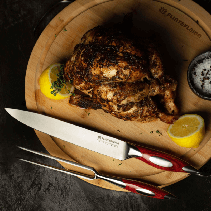 carving set on cutting board with kitchen